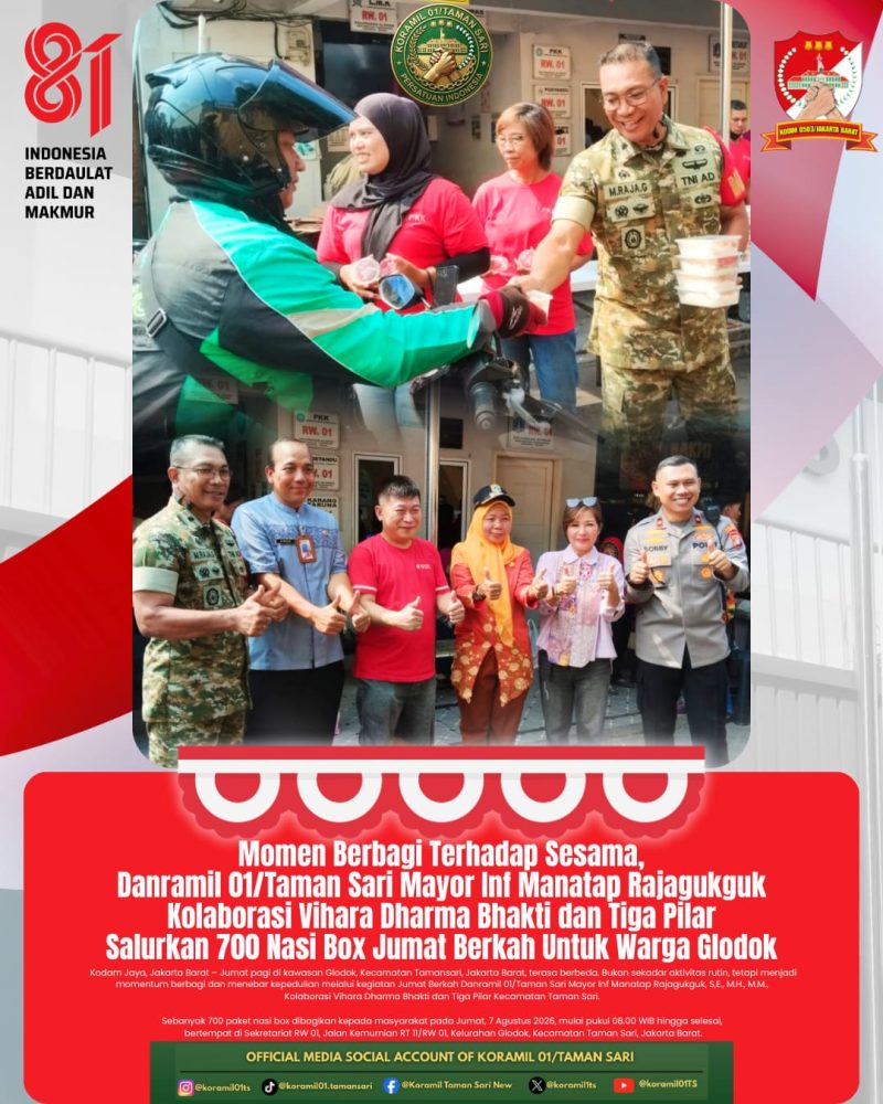 Momen Berbagi Terhadap Sesama, Danramil 01/Taman Sari Mayor Inf Manatap Rajagukguk Kolaborasi Vihara Dharma Bhakti dan Tiga Pilar Salurkan 700 Nasi Box Jumat Berkah Untuk Warga Glodok