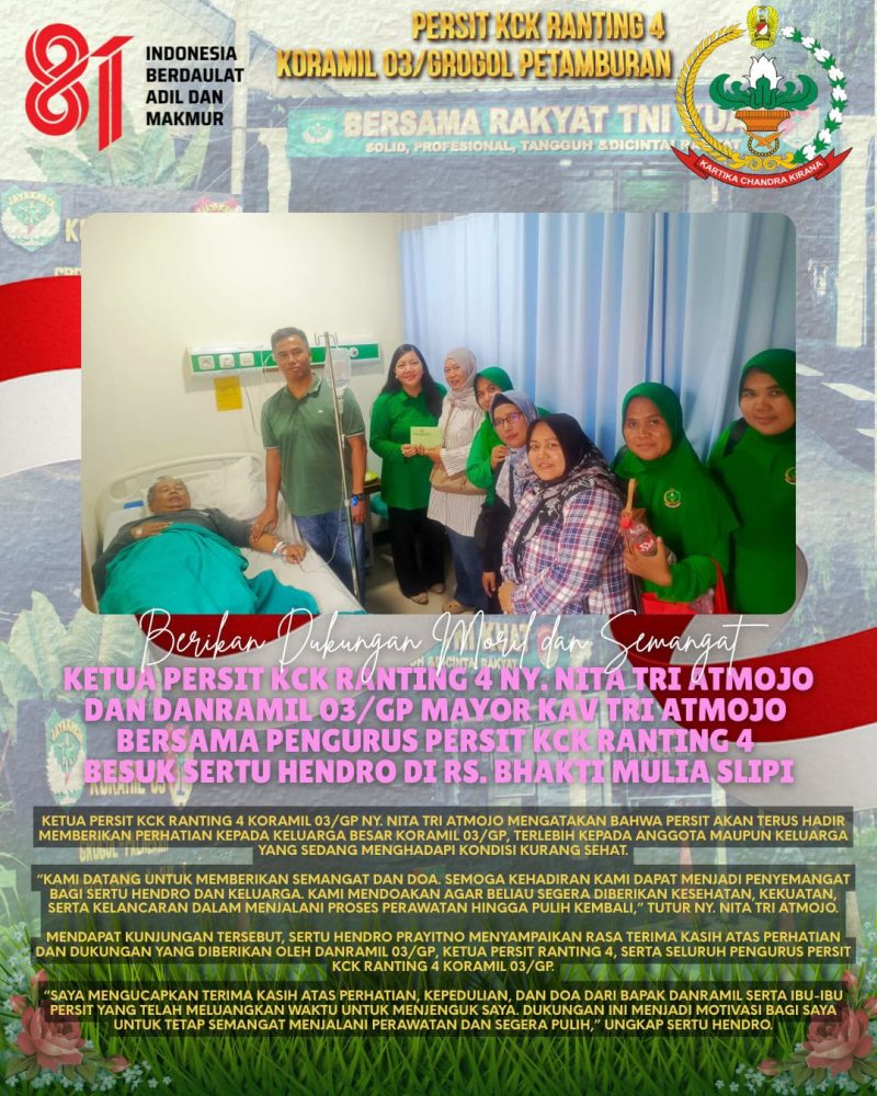 Ketua Persit KCK Ranting 4 Koramil 03/GP Ny. Nita Tri Atmojo dan Danramil 03/GP Mayor Kav Tri Atmojo Hadir Berikan Semangat, Besuk Sertu Hendro yang Tengah Jalani Perawatan
